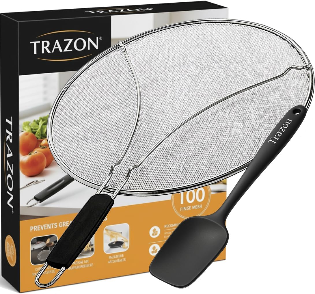 Grease Splatter Screen for Frying Pan 13 inch - Stops 99% of Hot Oil Splash - Protects Skin from Burns - Splatter Guard for Cooking - Iron Skillet Lid Keeps Kitchen Clean, includes Silicone Spatula