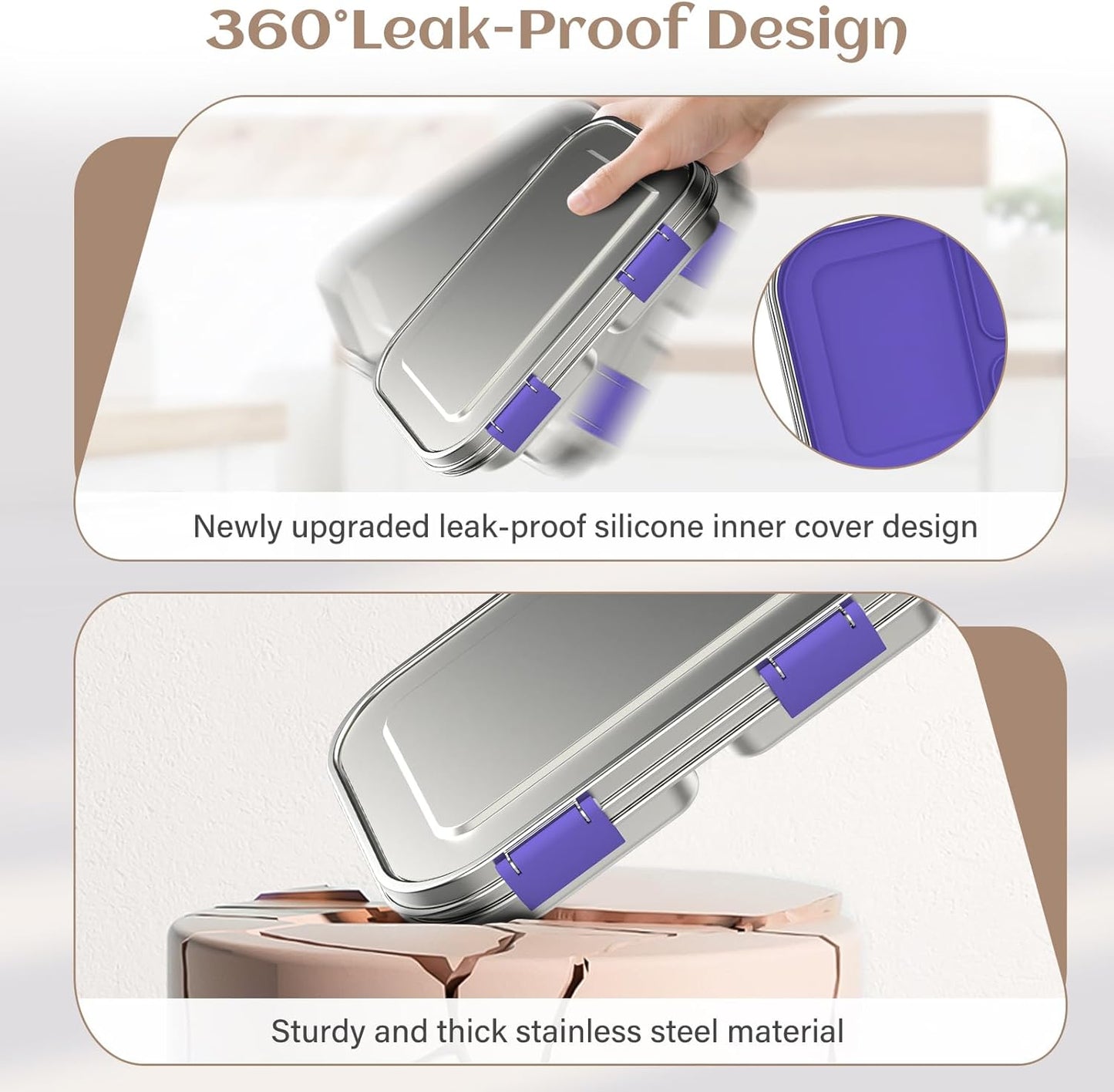 Stainless Steel Bento Box Kids, 3 Compartments Leak Proof Metal Bento Lunch Box, 304 Stainless Steel Bento Lunch Containers for School and Office,Dishwasher Safe, BPA-Free-Purple