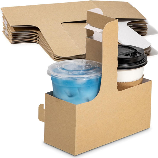 FMP Brands 2 Cup Disposable Drink Carrier with Handle, 25 Pack Kraft Paperboard Handled Drink Carriers 12-30 oz to Go Coffee Cup Holder, Cup Carrier for Cold Hot Drinks, Takeout, Cafe