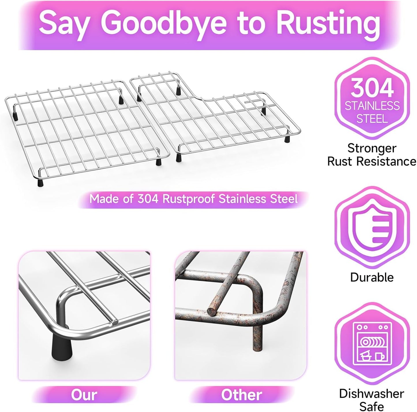 Stainless Steel Sink Protectors for Kitchen Sink, 23.2'' x11.6'' Sink Racks Compatible with Kohler Whitehaven K-6486 and K-6487, Sink Grid Sink Grate for Bottom of Kitchen Sink with Rubber Feet