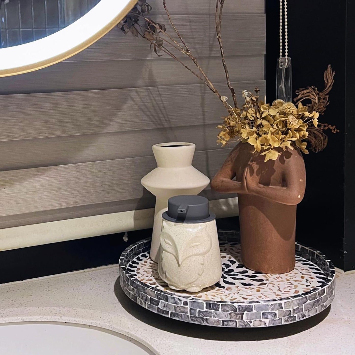 12.5" Lazy Susan for Table Top – Mother of Pearl Spinning Turntable Serving Tray, Marble Lazy Susan Organizer for Dining Table Centerpiece, Kitchen Island Decor, Bathroom Counter, Outdoor Use (Flower)