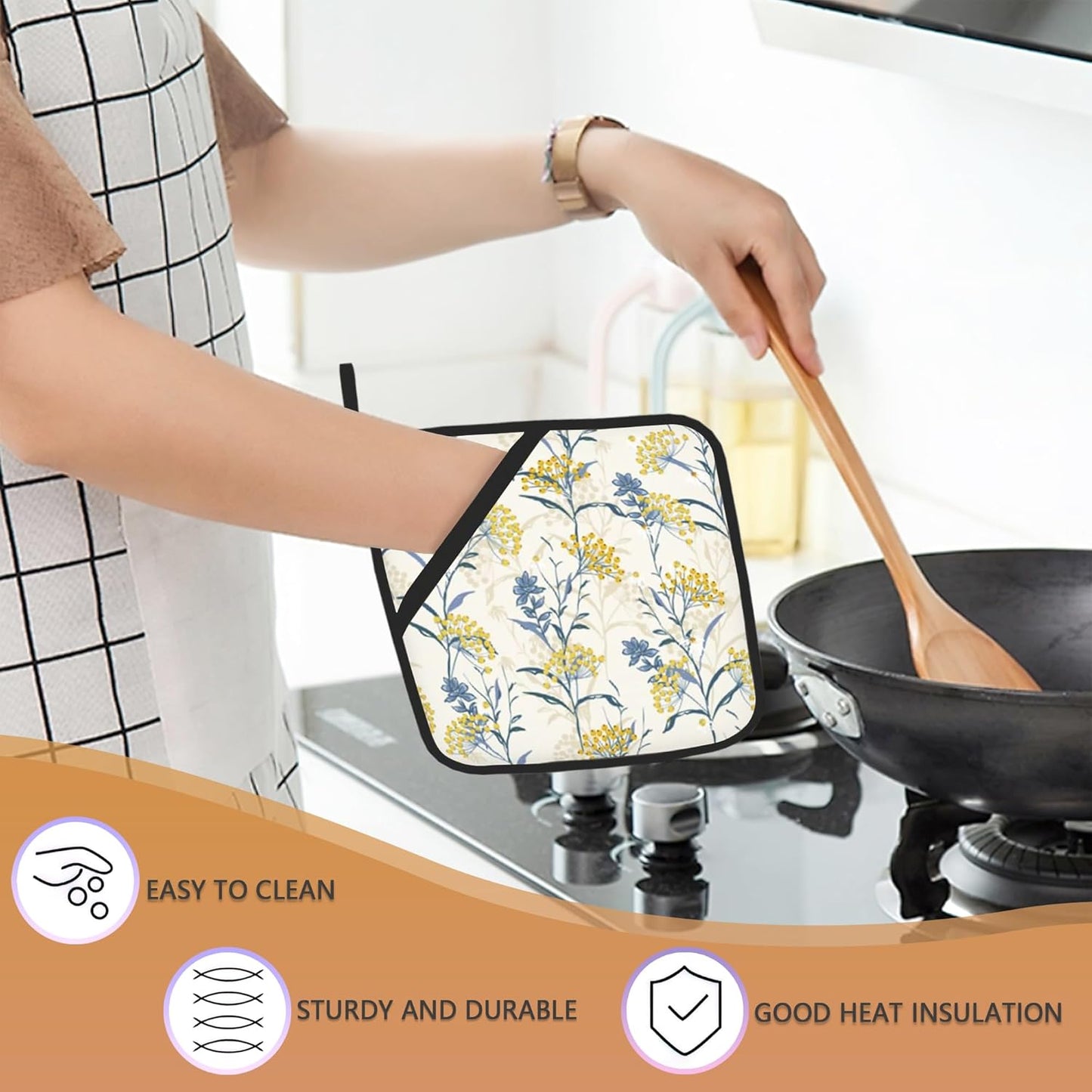 Vintage Floral Plan Pot Holders Set of 2 Heat Resistant Potholders,Yellow Blue Fire Oven Hot Pads for Kitchen Cooking Baking Barbecue