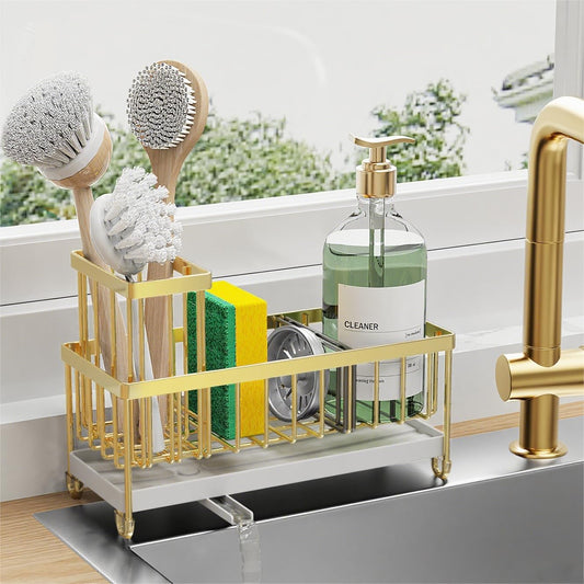 Cisily Gold Sponge Holder for Kitchen Sink, Sink Caddy Organizer with High Brush Holder, Kitchen Countertop Organizers and Storage Essentials, Rustproof 304 Stainless Steel, Soap Dispenser Organize