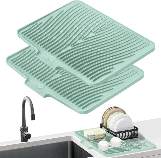 Dish Drying Mat, Stone Drying Mat for Kitchen Counter with Built-in Drain, Non-Slip Drying Matt Kitchen Counter, Heat Resistant Silicone Drying Mat, Dish Drying Pad, 2 Pcs (Mint 19.7" x 17")