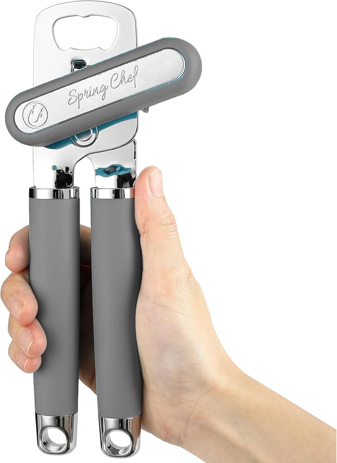 Spring Chef Stainless Steel Can Opener - Manual with Soft Grip Handles, Easy Turn, Heavy Duty Hand Can Openers for Seniors with Smooth Edge - Magnetic Lid Remover - Gray