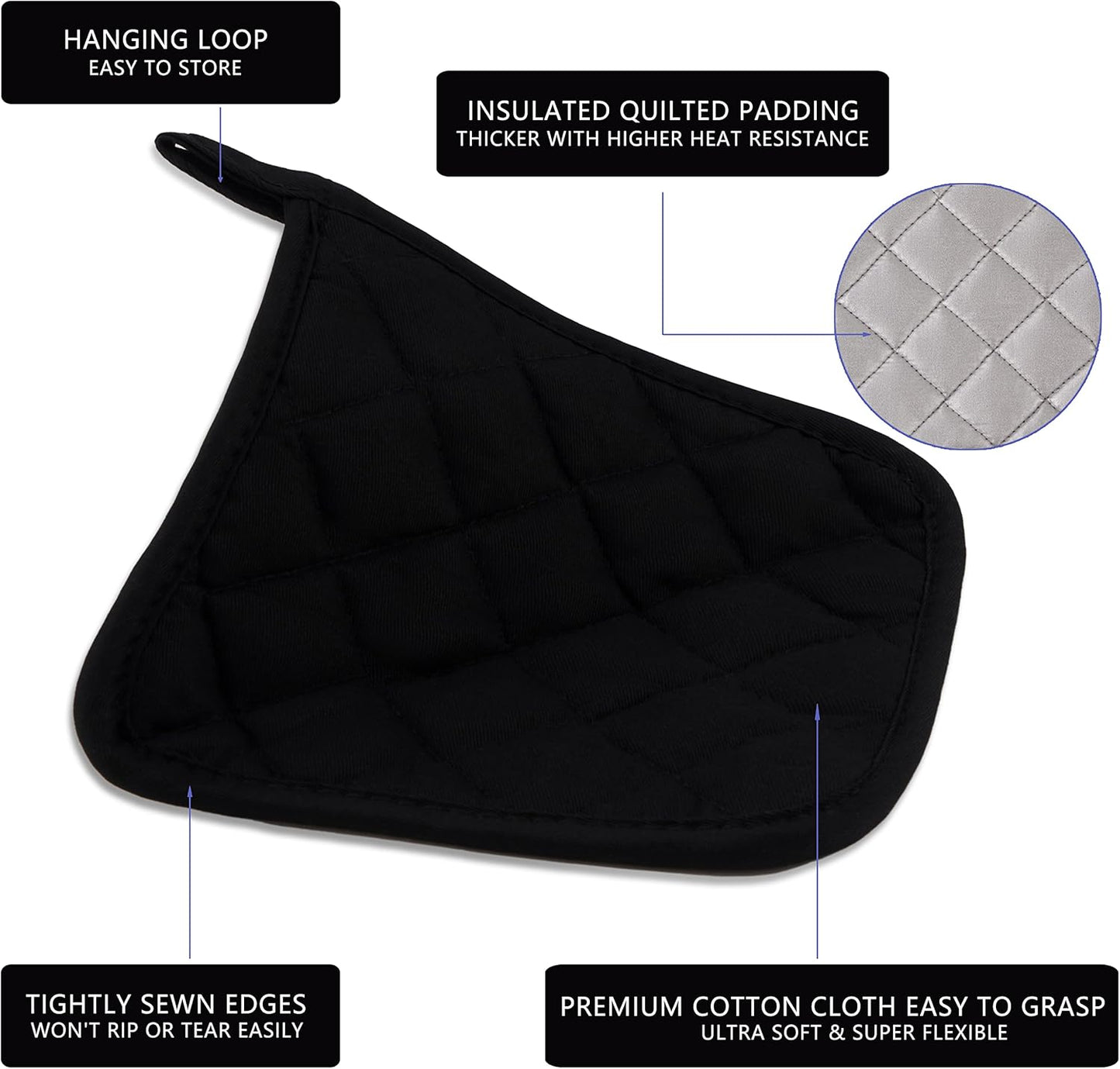 Kitchen Pot Holders Set Heat Resistant Pure Cotton Potholders Kit Trivets Large Coasters Hot Pads Terry Pot Holders for Everyday Cooking and Baking by 7 x 7 Inch Set of 6 Black