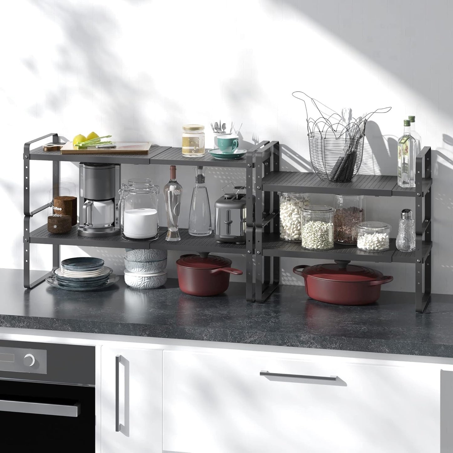 Expandable Cabinet Shelf Organizer Adjustable Metal Spice Rack Stackable Freestanding Counter Storage Shelves for Kitchen Cabinet Under Sink Office Desk (Black - 3Pack - L16.5-27'' * W10.2'' * H9.6'')