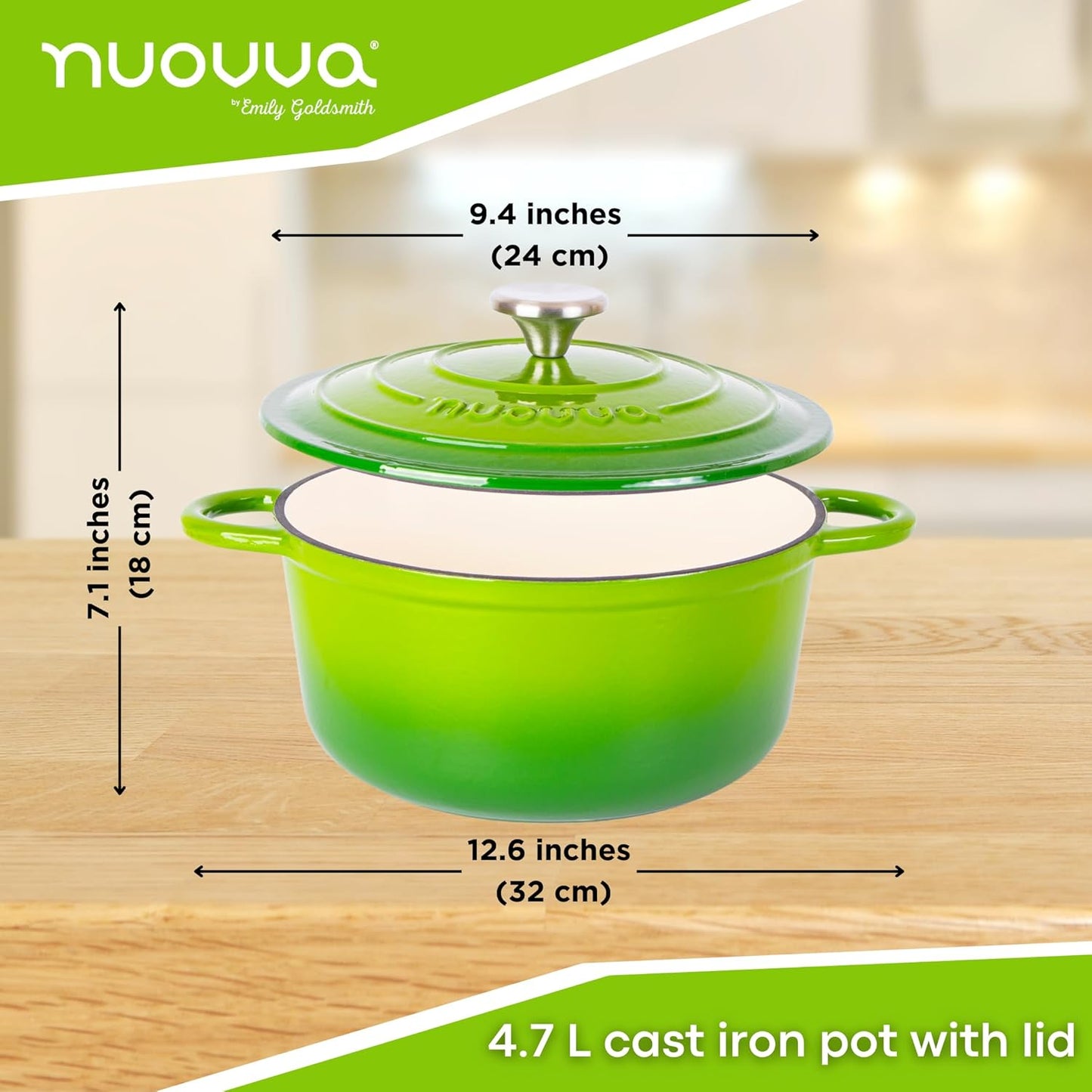 Cast Iron Pot with Lid – Non-Stick Ovenproof Enamelled Casserole Pot, Oven Safe up to 500° F – Sturdy Dutch Oven Cookware – Green, 5-Quart, 24cm – by Nuovva