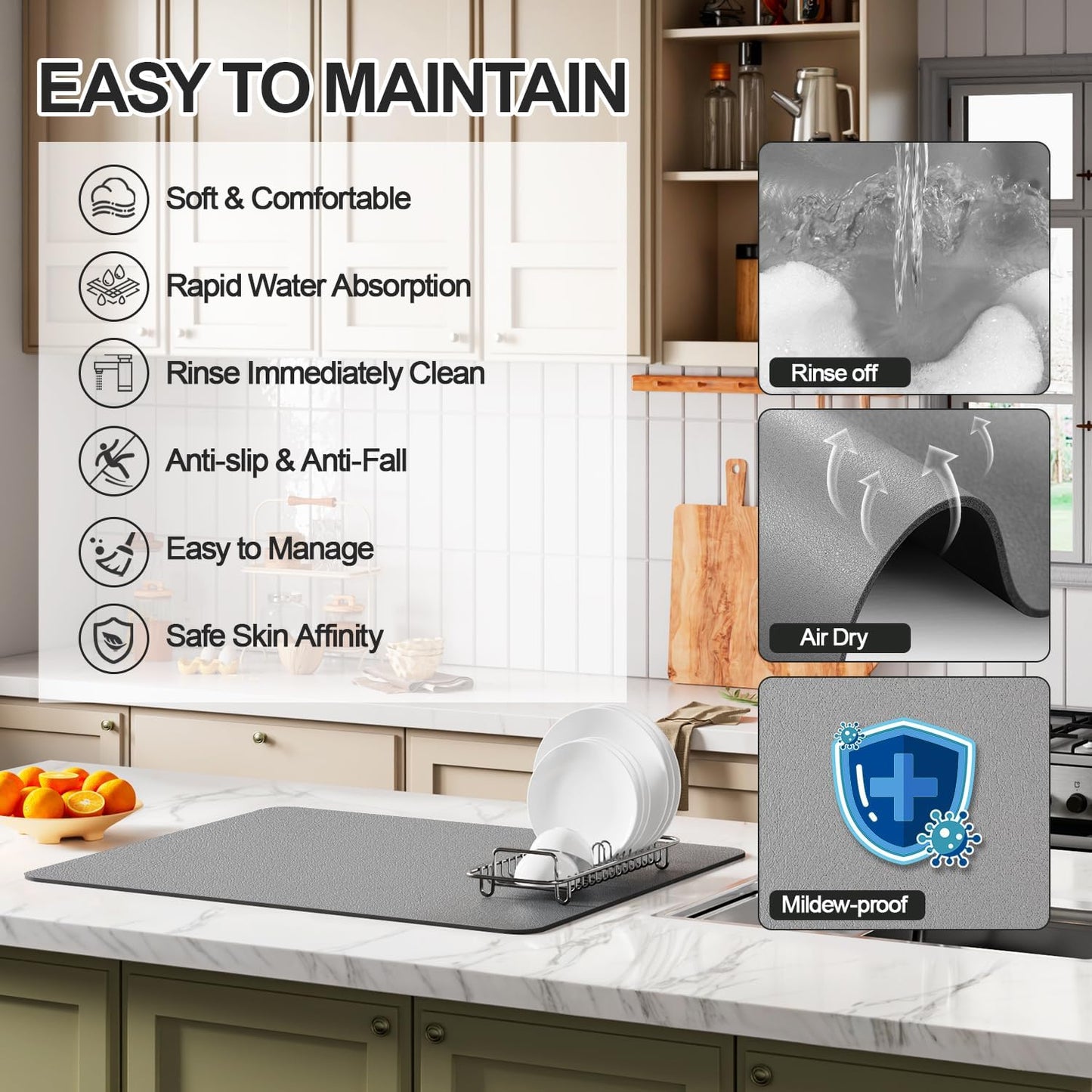 Dish Drying Mat for Kitchen Counter | Coffee Bar Mat for Countertops | Heat Resistant Drainer Mat with Non-slip Rubber Backed | Hide Stain Kitchen Absorbent Draining Mat | Grey 18"x32"