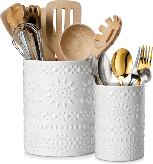 LOVECASA Utensil Holder, 7.2"+5.4" Ceramic Utensil Holder for Countertop, Large Cooking Utensil Crocks for Kitchen Counter, Farmhouse Utensil Vase for Housewarming, Kitchen Decor, Set of 2, Snow