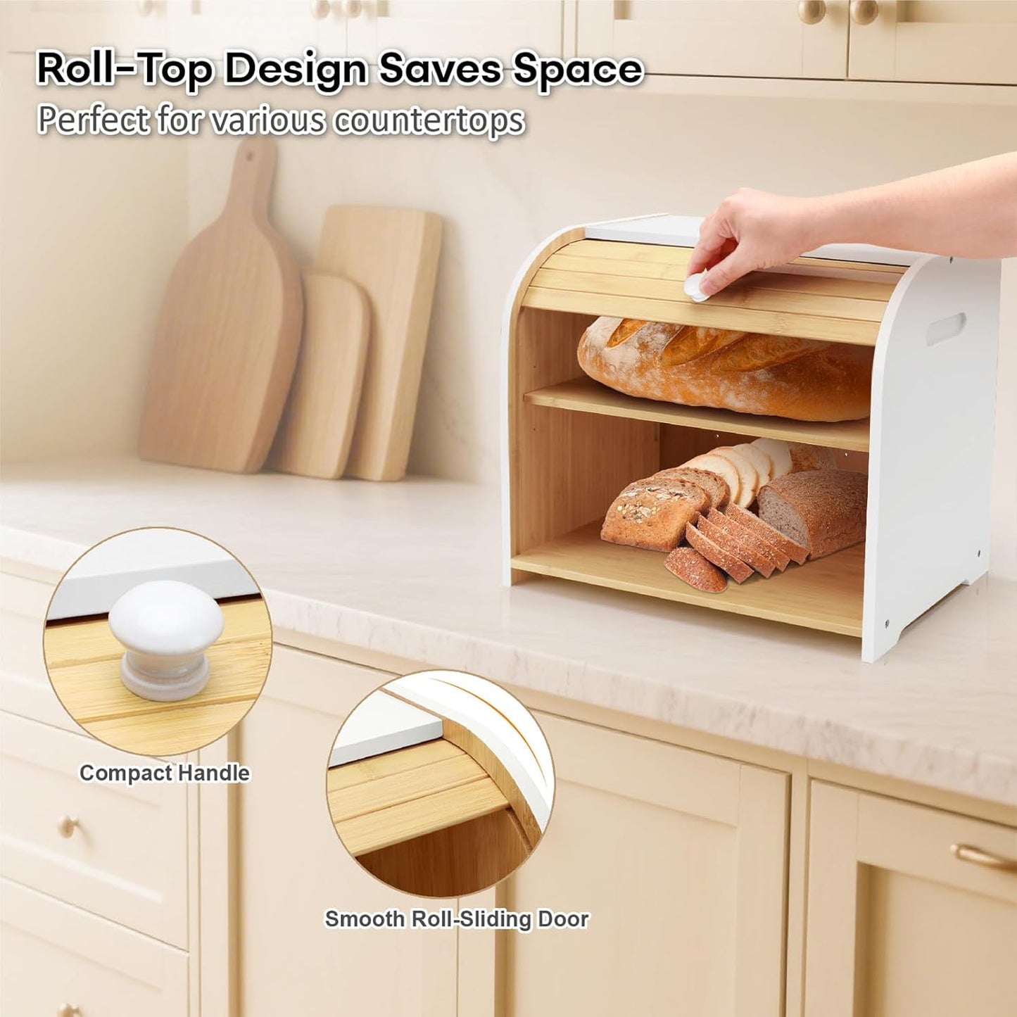 Bread Box for Kitchen Countertop, Double Layer Bamboo Bread Storage Container for Homemade Bread, Roll Top Bread Box with 3 Adjustable Height for Kitchen Counter, White Breadbox Organizer
