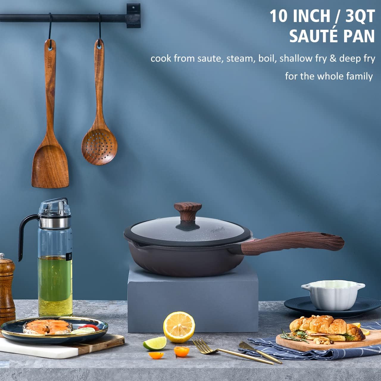 Vinchef Nonstick Deep Frying Pan Saute Pan with Lid, 10in/3Qt Skillet Pan, German 3C+ Ceramic Coating Technology, Aluminum Casting, Induction Compatible