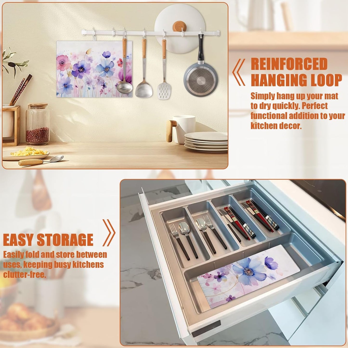 Watercolor Flowers Dish Drying Mat for Kitchen Counter Microfiber Absorbent Dish Kitchen Drying Mat Draining Reusable Washable for Dishes/Utensils/Counterto