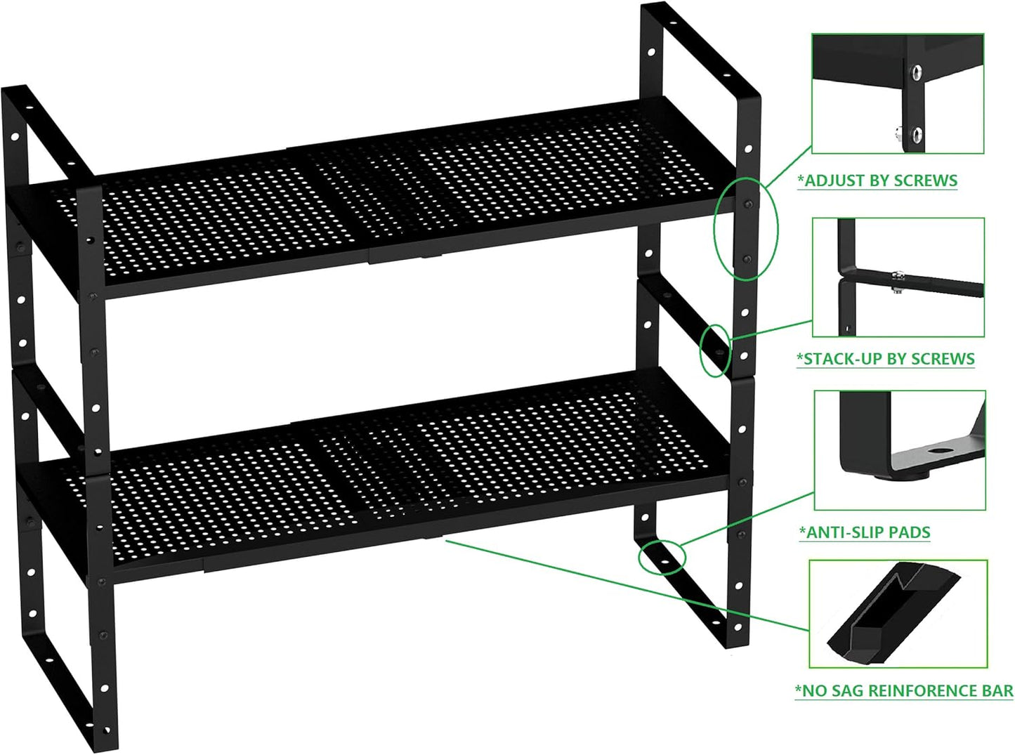 Expandable Shoe Rack Stackable Metal Pantry Storage Shelves Stand Adjustable Height Cabinet Shelf Organizer Racks Spice Shelving(1PACK/BLACK,MEDIUM)