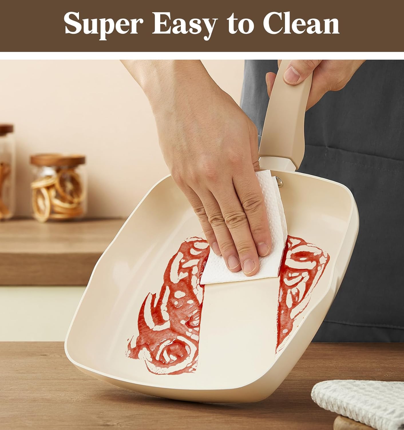 KOCH SYSTEME CS Nonstick Grill Pan for Indoor Cooking, 9.5 Inch Ceramic Square Frying Pan with Lid, Versatile Nonstick Griddle Pan for Stove Tops, Induction Compatible, Toxic-Free, Cream White