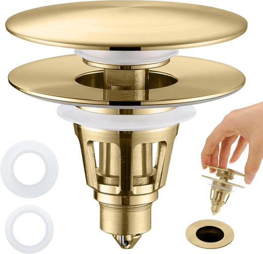 Universal Bathroom Sink Stopper - Pop Up Sink Drain Stopper, Push Button Flixfilter Sink Drain Stopper Replacement, Wash Basin Drain Filter Plug Anti-Clogging Basket, Brushed Gold