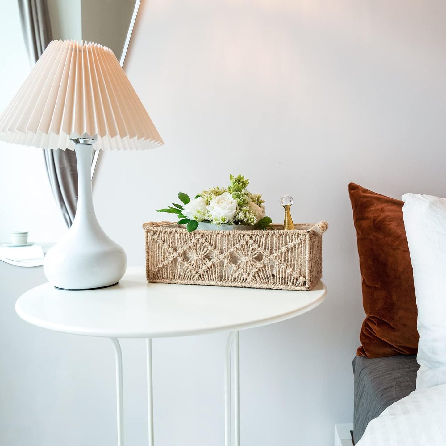 Mkono Macrame Storage Baskets Boho Decor Box Handmade Woven Decorative Countertop Toilet Tank Shelf Cabinet Organizer for Bedroom Livingroom Home, Set of 2, Brown