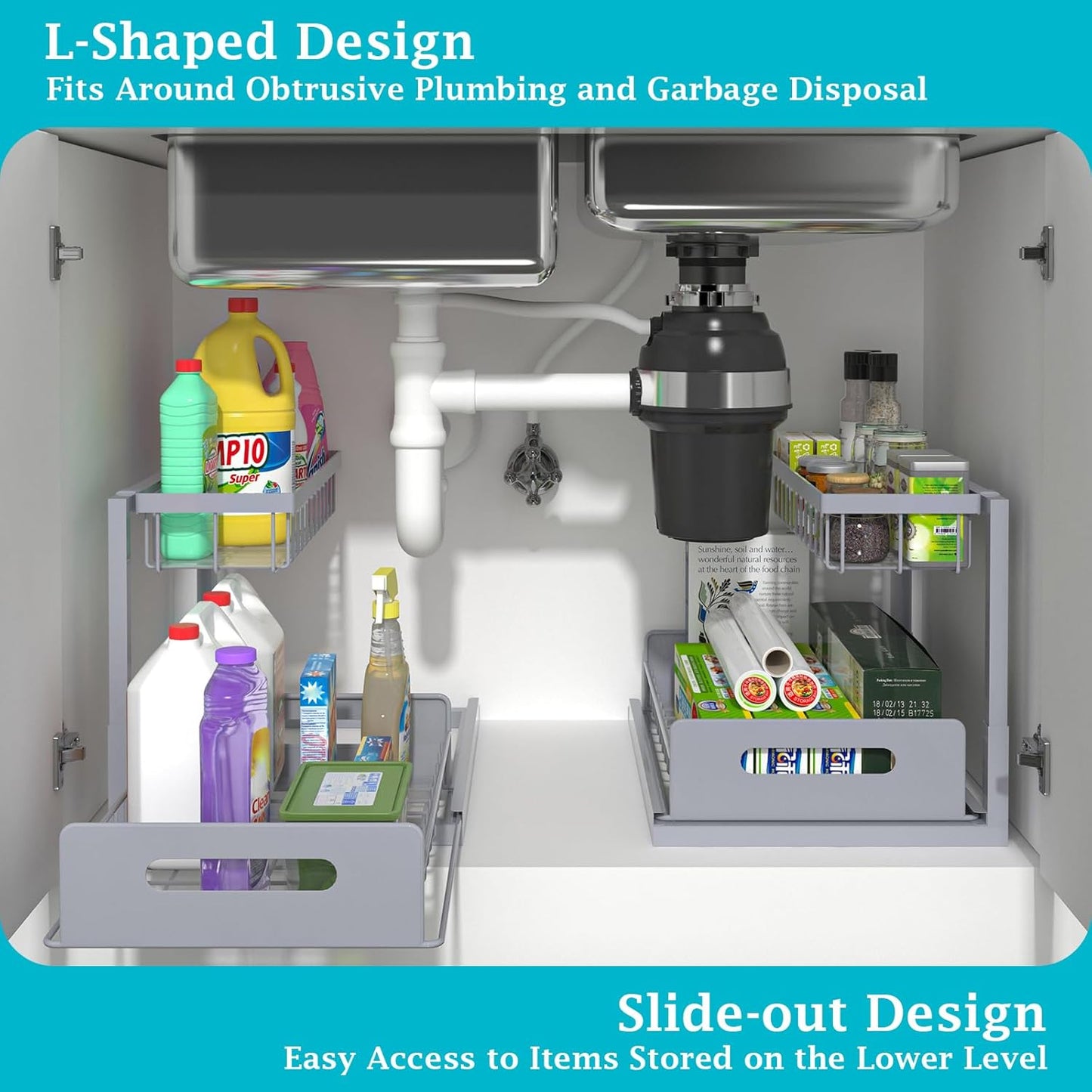 REALINN Under Sink Organizer, Pull Out Cabinet Organizer 2 Tier Slide Out Sink Shelf Cabinet Storage Shelves, Storage for Kitchen Bathroom, Grey, 2 Pack