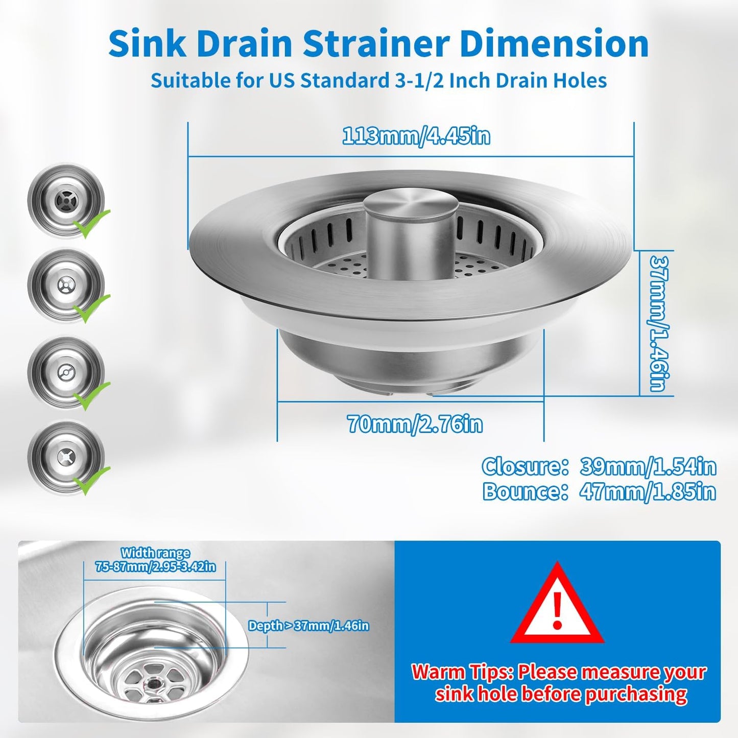 3 in 1 Kitchen Sink Drain Strainer, Upgraded Stainless Steel Sink Stopper Anti-Clogging Pop Up Sink Strainer with Basket Strainer for US Standard 3-1/2" Drain (Silver-1Pcs)