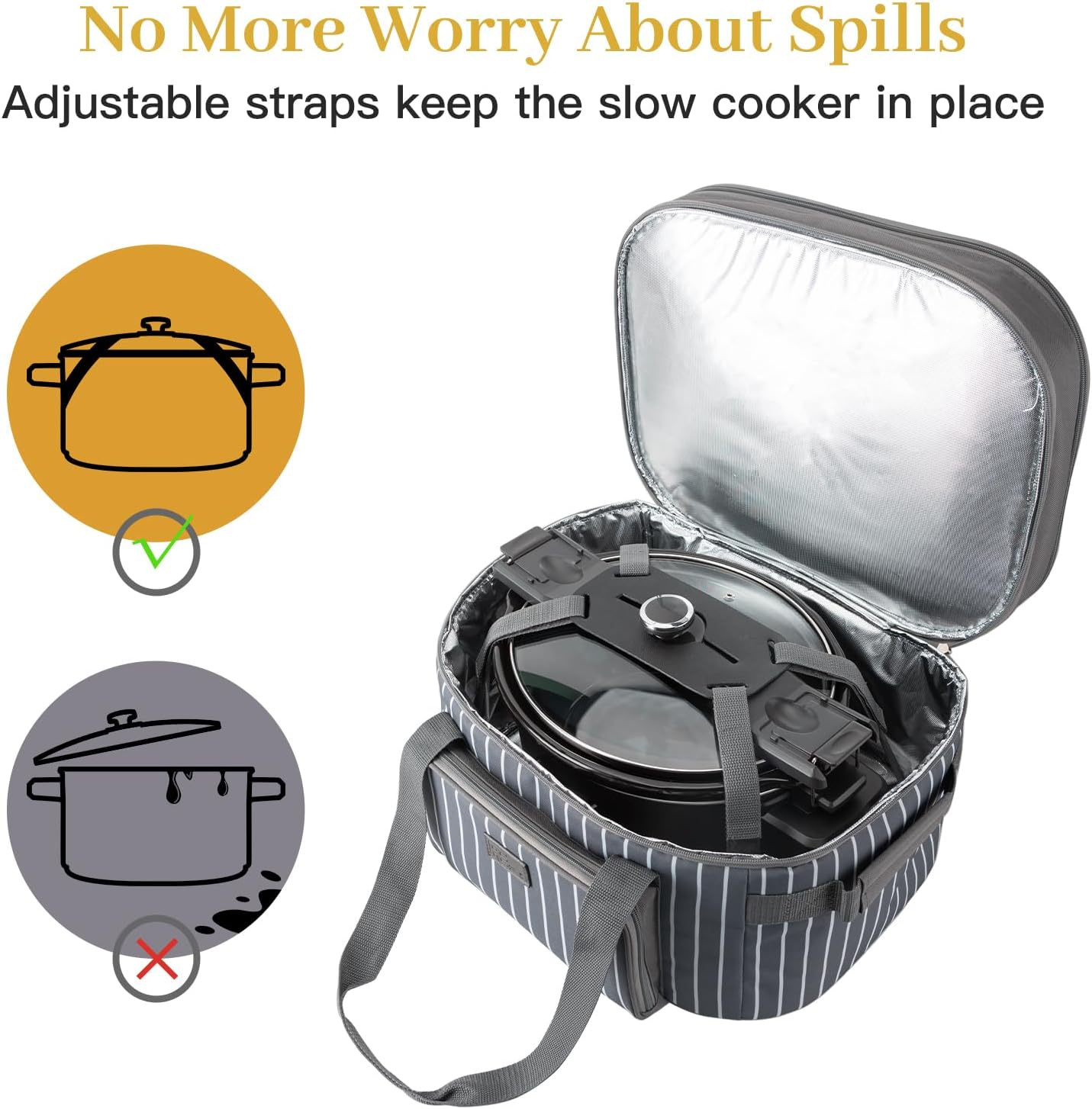 Fun Elements Double Layer Slow Cooker Carrier Bag for 6-8 Quart Oval CrockPot, Insulated Crock Pot Travel Bag with Support Pad and Adjustable Straps, Top Zip Compartment and Front Pocket for Utensils