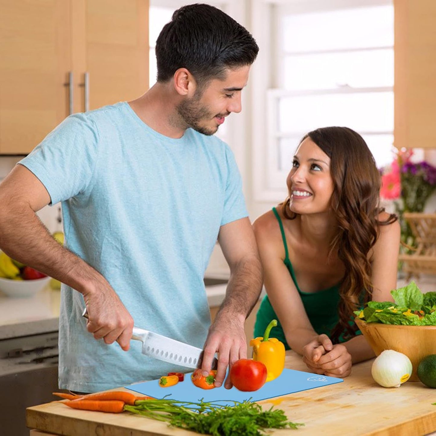 ZVP Plastic Cutting Boards for Kitchen, Flexible Cutting Mats, Gradient Blue Chopping Boards with Food Icon, Non-Slip, Non Porous, BPA Free, Dishwasher Safe