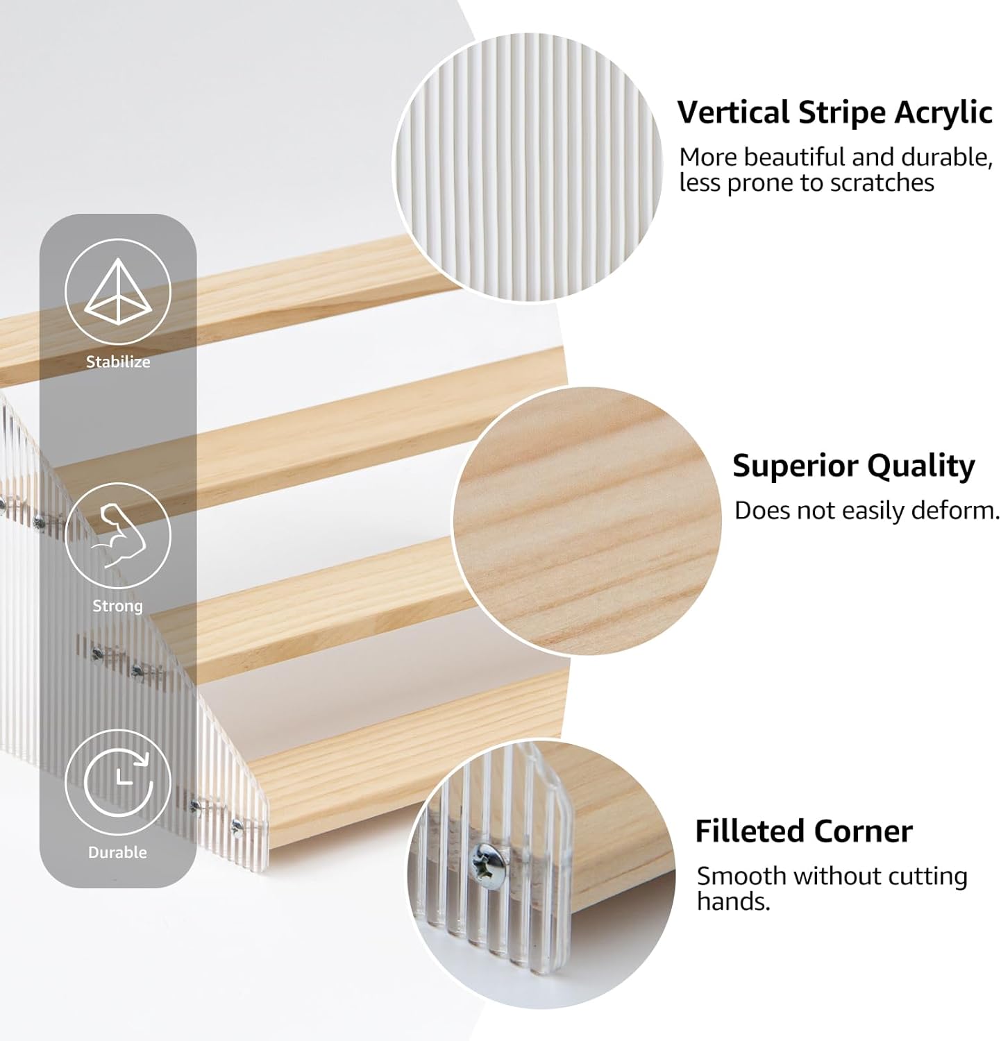 nianfeng Tiered Spice Rack, 4-Tier Spice Pantry Kitchen Cabinet Organizer, 19.9-Inch, Natural Wood Acrylic Stair Riser Stand, Countertop Seasoning Shelf