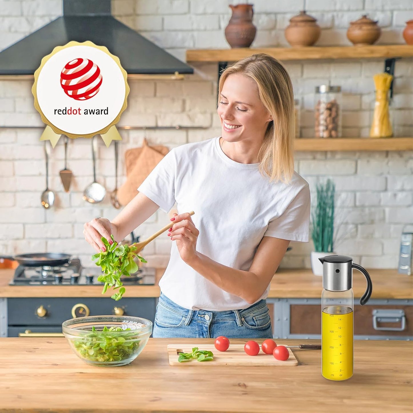 Vucchini Large Olive Oil Dispenser Bottle 17 oz - Auto Flip Condiment Container - Leakproof Vinegar Dispenser Glass Cruet Stainless Steel