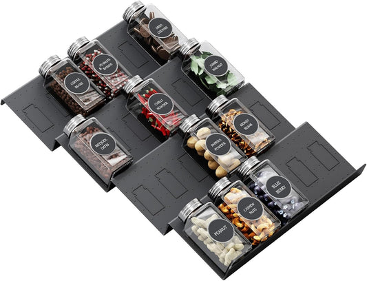 Famhap Spice Drawer Organizer, 4 Tier Expandable from 11.6" to 23.2" Seasoning Rack Tray Insert for Kitchen Drawers, Spice Rack Tray for Drawer/Countertop