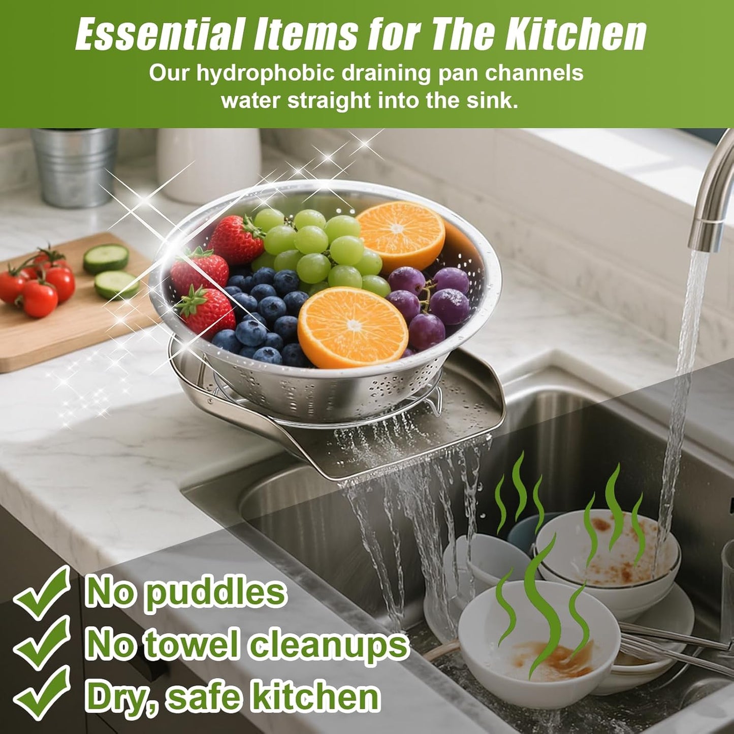 Palksky Colander and Strainer Self Drainer Base Plate Stainless Steel for Kitchen, Metal Countertop Draining Tray for Pasta Rice Noodle Fruit Veggie Food Strainer & Ceramic Colander