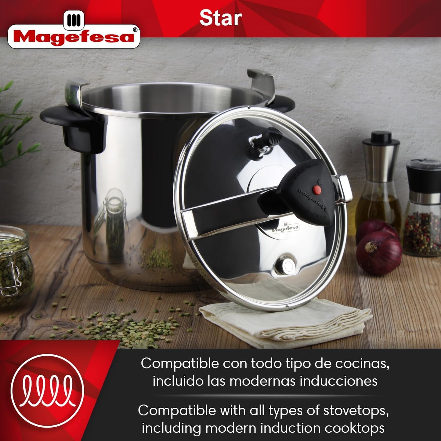 MAGEFESA Star Pressure Cooker, 8.4-Quart, 18/10 Stainless Steel, Works on All Stovetops (Induction Compatible), Safety Lock & 8 PSI Cooking