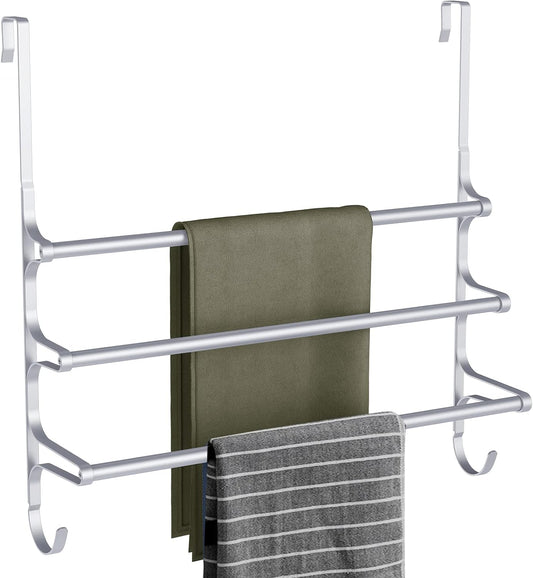 Over The Door Towel Rack, Triple Towel Storage Holder with Hooks, 24.02 Inches Towel Bar Hanger Towel Racks for Bathroom (Silver)