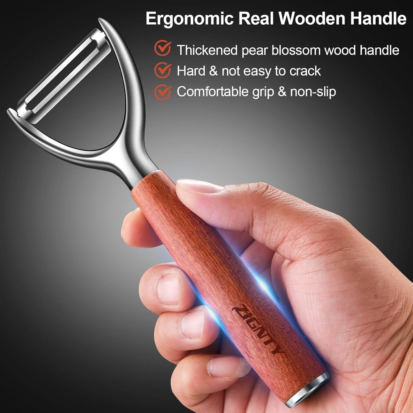 Potato Peelers Stainless Steel, Ultra Sharp Vegetable Peeler for Kitchen, Premium Veggie Fruit Peeler, Rotary Blade Carrot Peelers, Thickened Non-Slip Ergonomic Wooden Handle（5 Years Warranty）