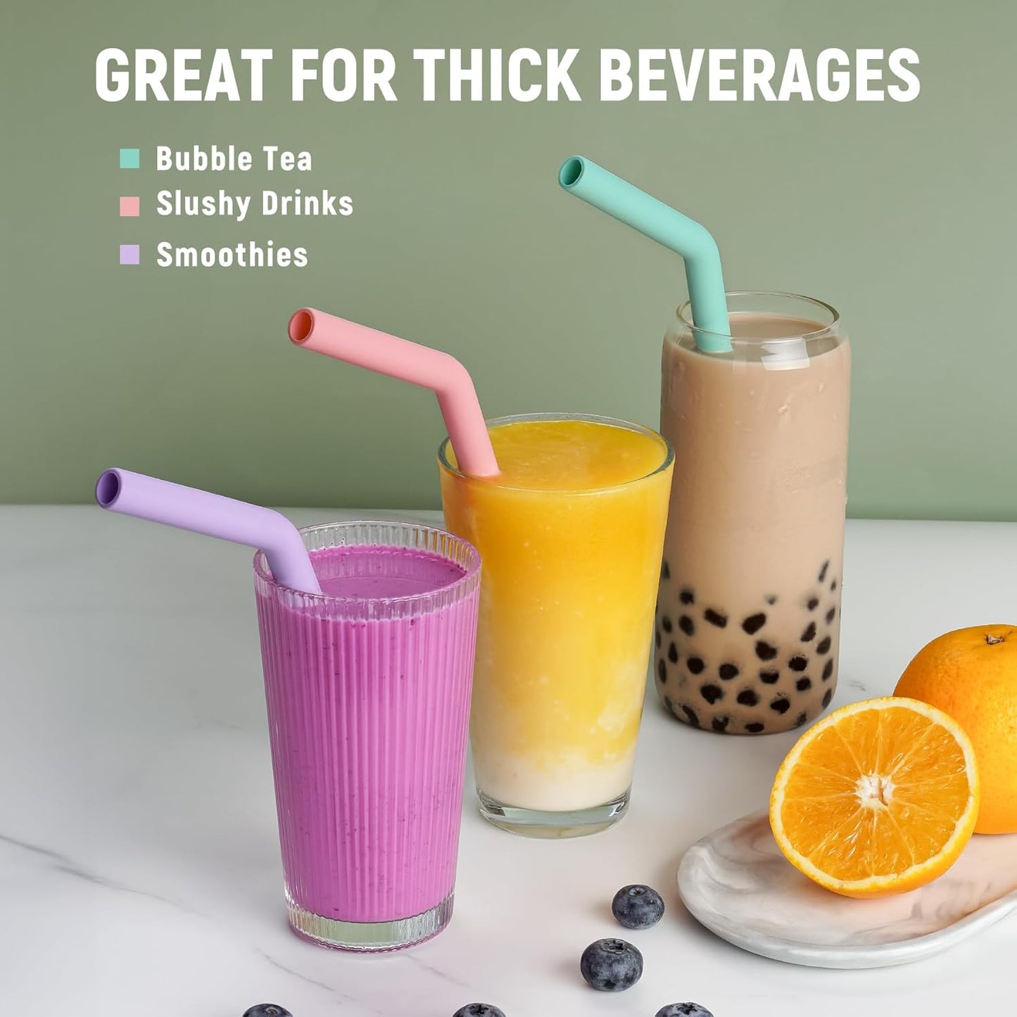 NiHome 6PCS Extra Wide Reusable Bent Silicone Straws for Boba, Smoothies, Bubble Tea, Eco-Friendly Bent Straws for Thick Drinks, Child-Safe, Customizable Length, 2 Brushes Easy Cleaning (Macaron)