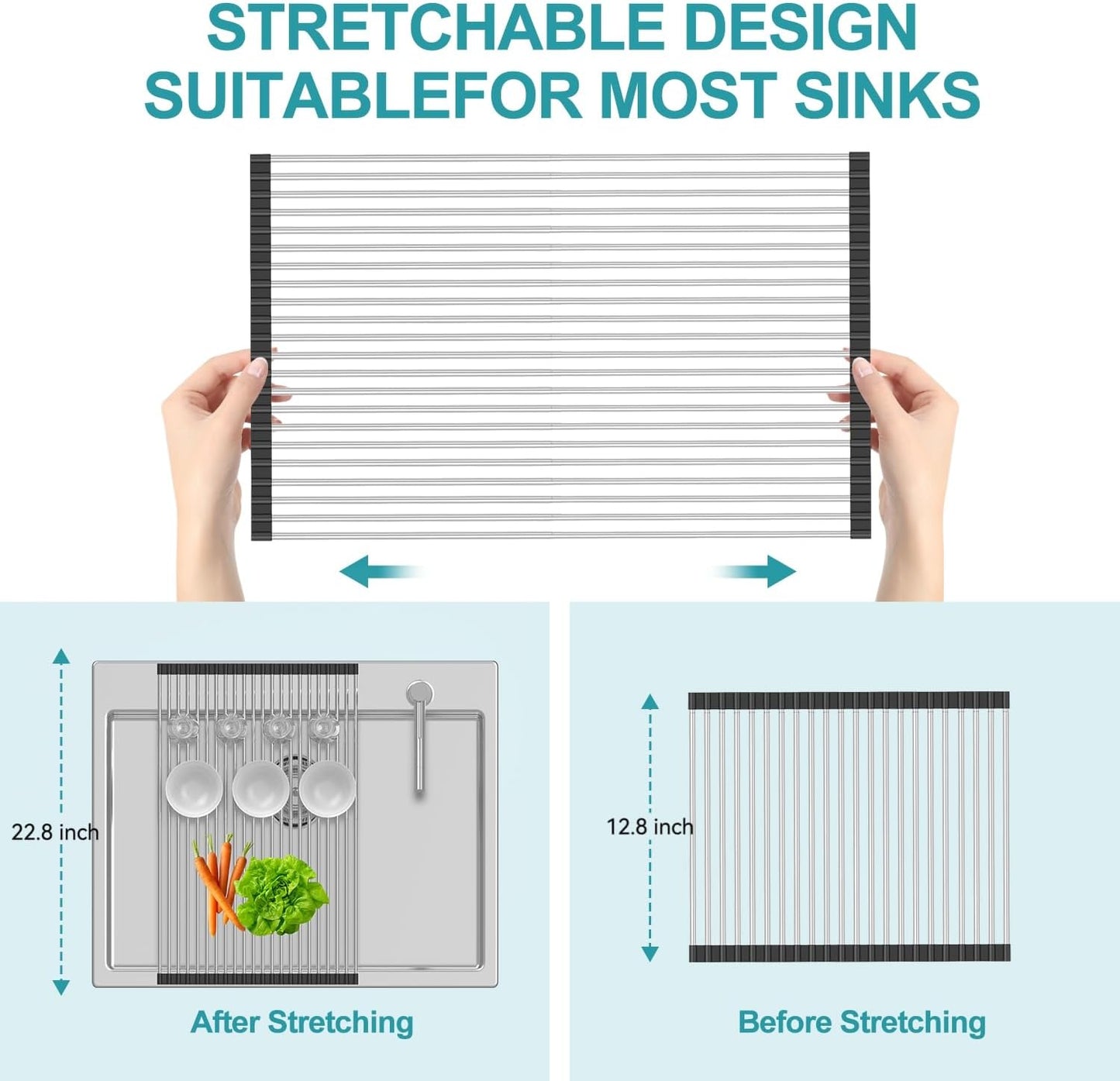 BBXTYLY Extra Large Expandable Roll Up Dish Drying Rack,Over The Sink Drying Rack Sink Cover Kitchen Sink Accessories Kitchen Rolling up Stainless Steel Drainer, Foldable,Rollable（Black，22.8''-17''）