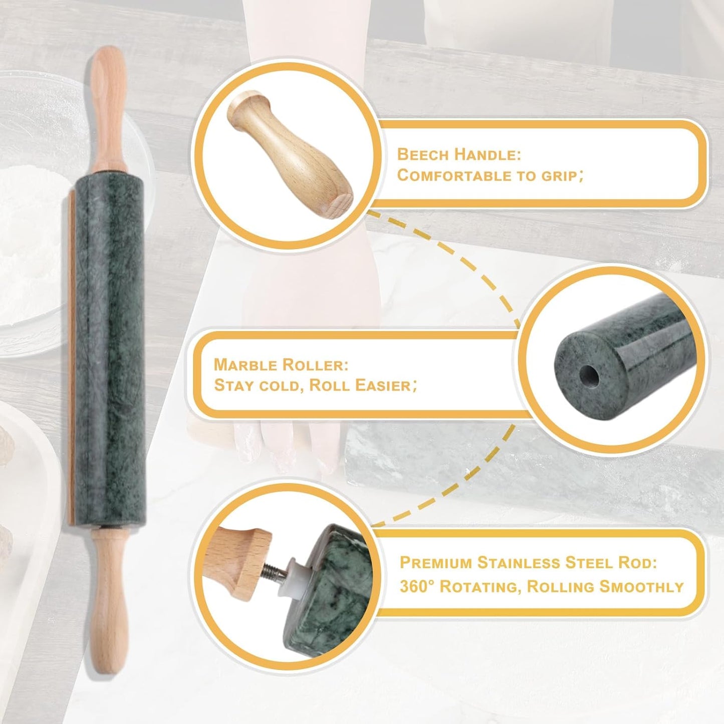 Koville Marble Rolling Pin, Non-Stick Stone Dough Roller, Rolling Pin for Baking,Pasta, Dumpling, Ravioli, Fondant,Pie Crust, Kitchen Baking Pastry Tools