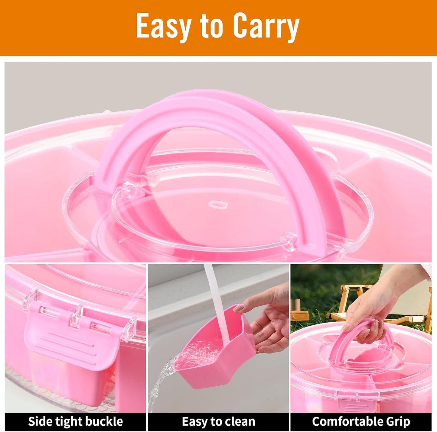 Divided Rotating Serving Tray with Lid and Handle,Portable Snackle Box Container,Spinner Organizer and Storage for Adults,Child,Fruits,Candy,Nuts,Veggie,Charcuterie,Snacks,Picnic,Road Travel Party