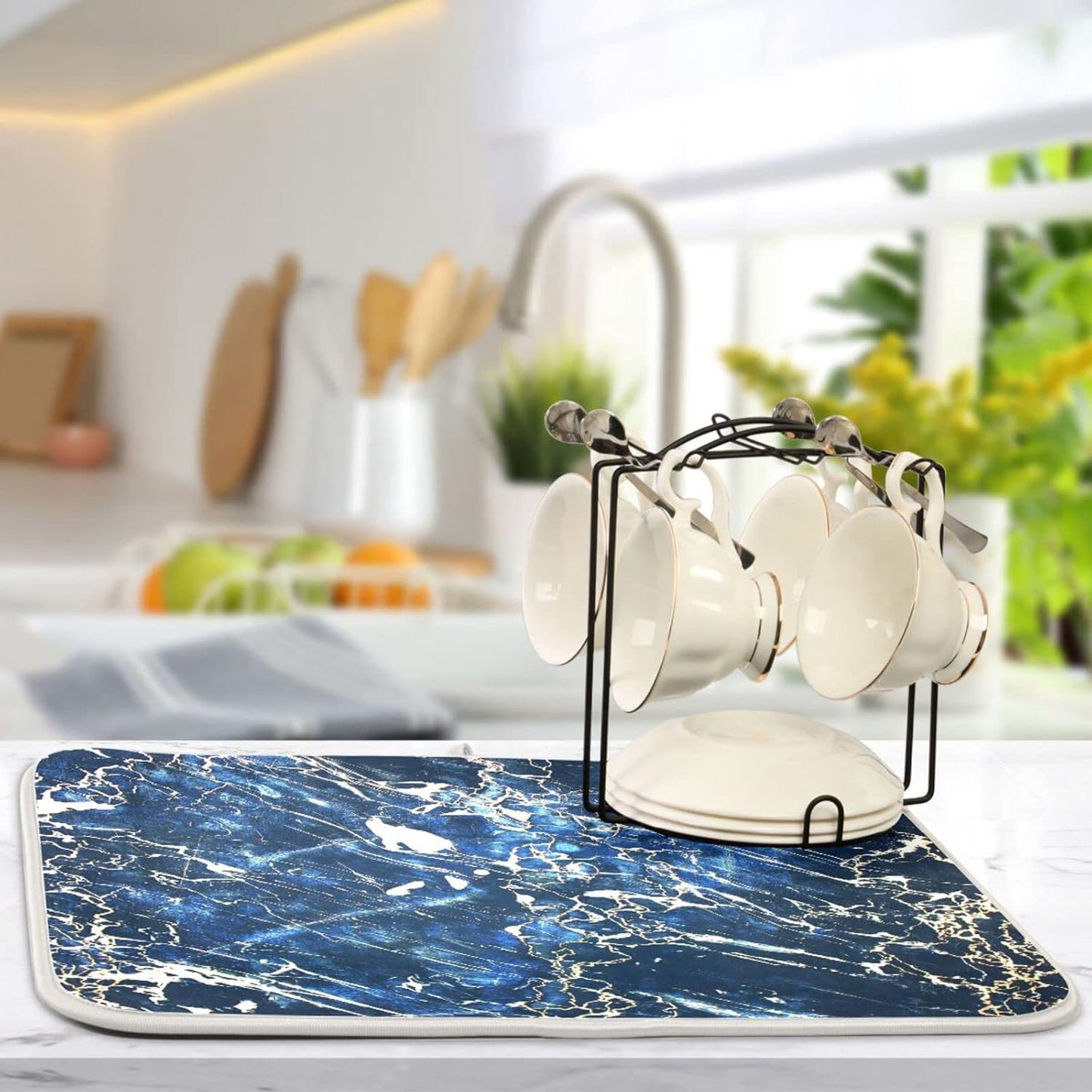 Super Absorbent Dish Drying Mat, Microfiber Fast-Drying Dish Mat, 16" x 18", Kitchen Dish Drying Pad, Marble Black Navy Blue