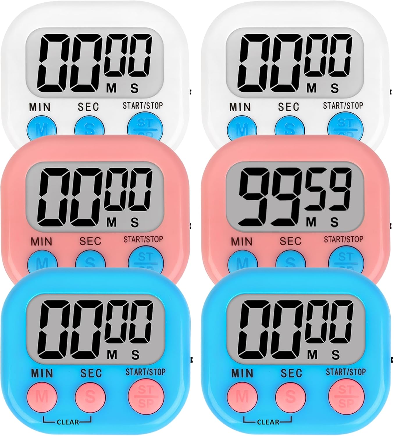 ZILLEEN 6 Pack Kitchen Timers for Cooking Digital Classroom Timers for Kids Teachers White Blue Pink