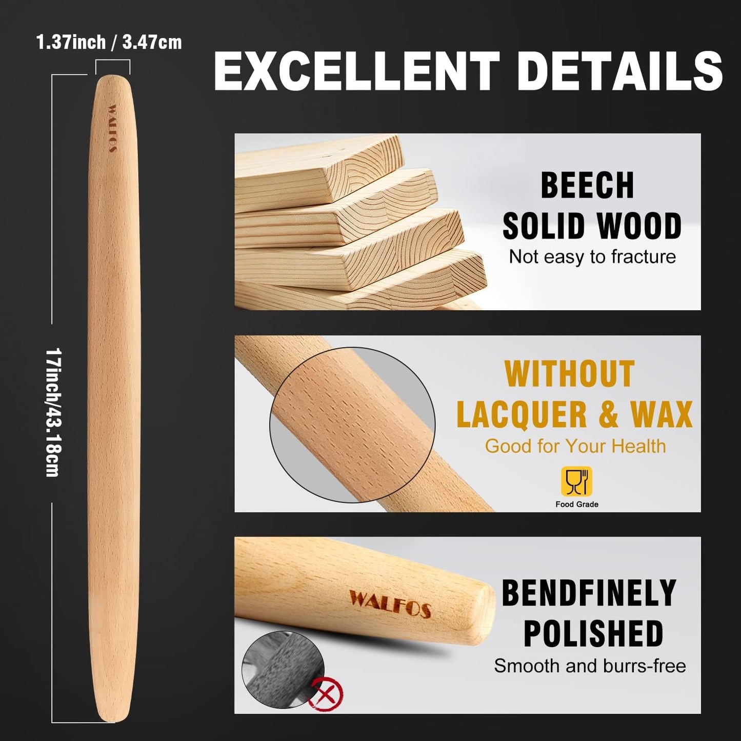 WALFOS French Rolling Pin for Baking, 17 Inch Natural Beech Wood Rolling Pins, Kitchen Dough Roller for Fondant, Pizza, Pie, Cookie and Pastry