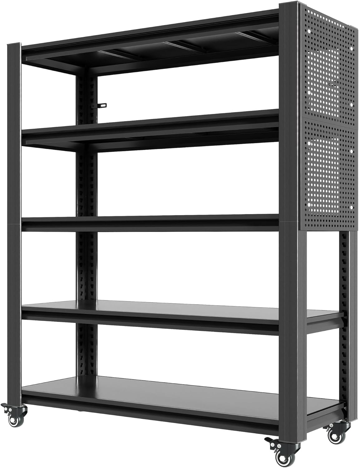 72" H 5-Shelf Metal Storage Shelves, 2000 lbs Garage Shelving Unit with Pegboard, Adjustable Industrial Heavy Duty Storage Rack with Wheels, 47.2" W x 23.6" D for Pantry Basement, Black