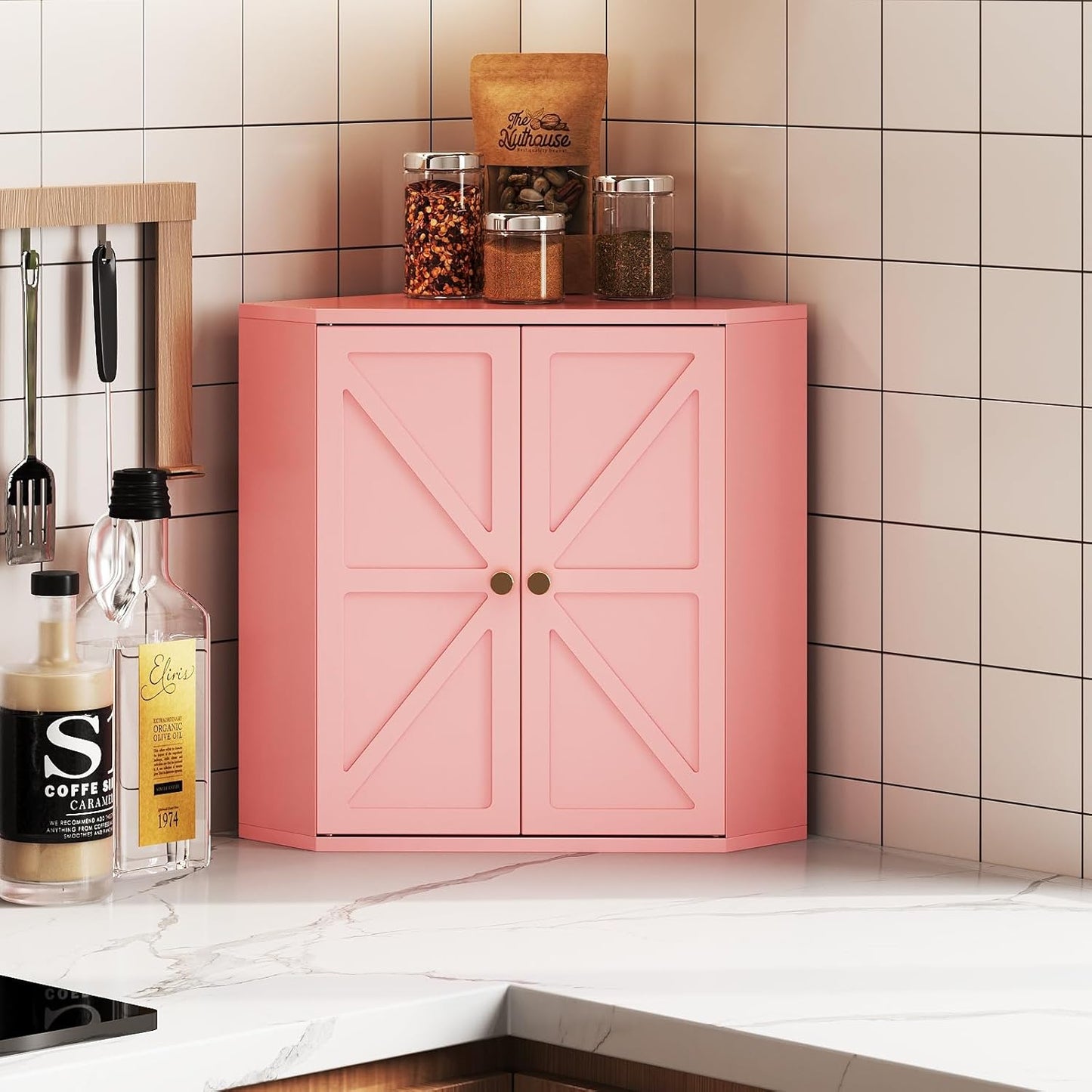 Corner Bread Box for Kitchen Counter Double Layer Bamboo Bread Storage Container Large Capacity Bread Storage Bin Farmhouse Breadbox Organizer (Pink)