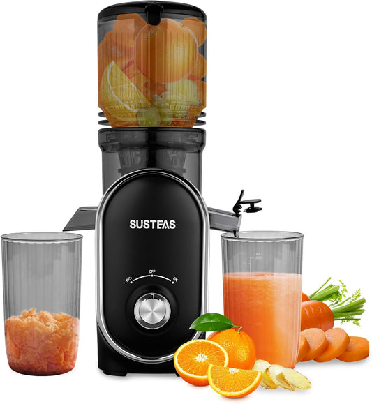 SUSTEAS Cold Press Juicer, 300W, 5.3" Large Feed Chute, 1.5L Capacity, Automatic Feeding, High Yield, Easy to Clean, Ideal for Whole Fruits & Vegetables, Black