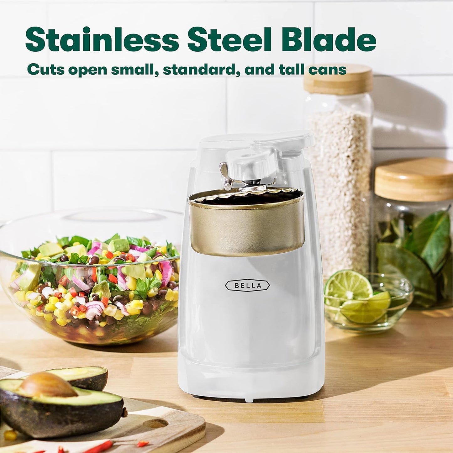 BELLA Electric Can Opener and Knife Sharpener, Multifunctional Jar and Bottle Opener with Removable Cutting Lever and Cord Storage, Stainless Steel Blade, White