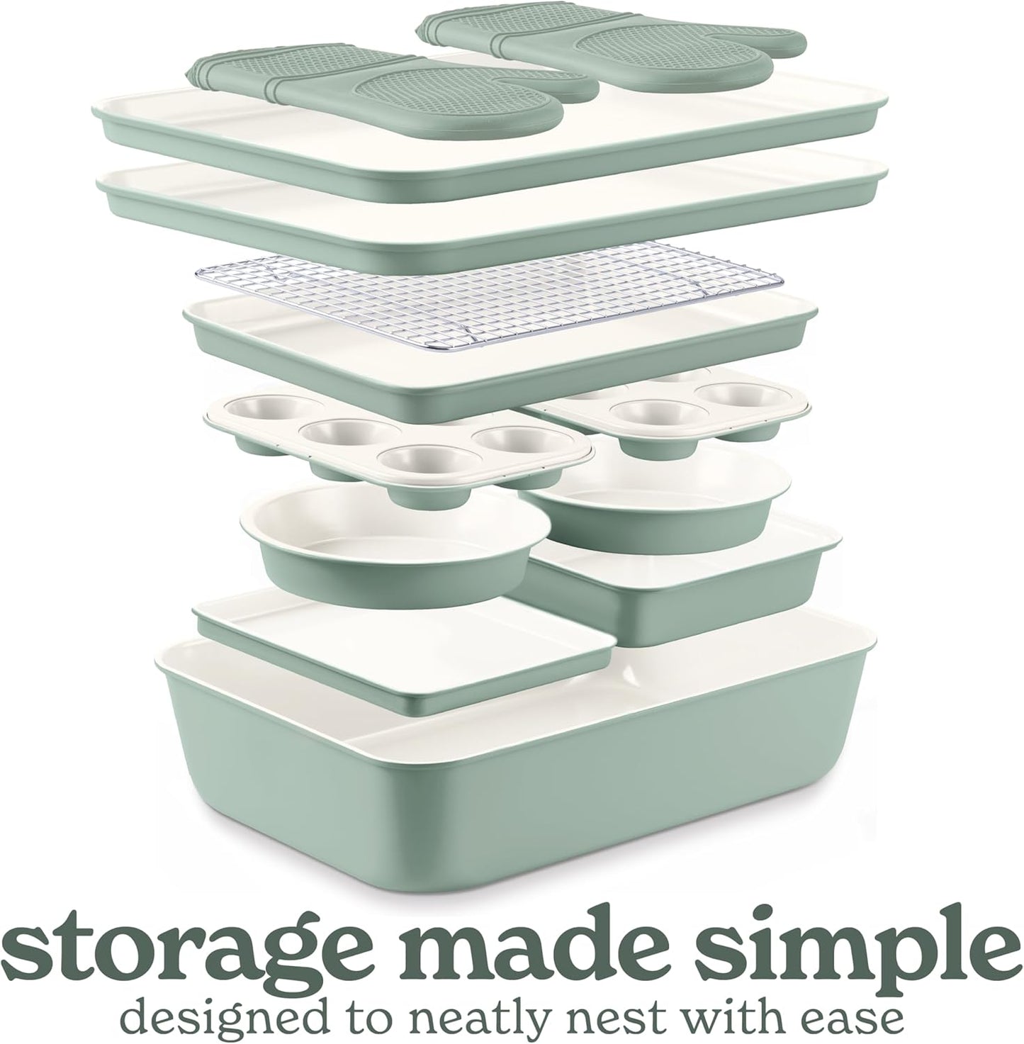 Country Kitchen Nonstick Stackable Bakeware Set - Deluxe Heavy Duty, Durable, Easy Release Baking Set, Sage, 13 Pcs with Handles