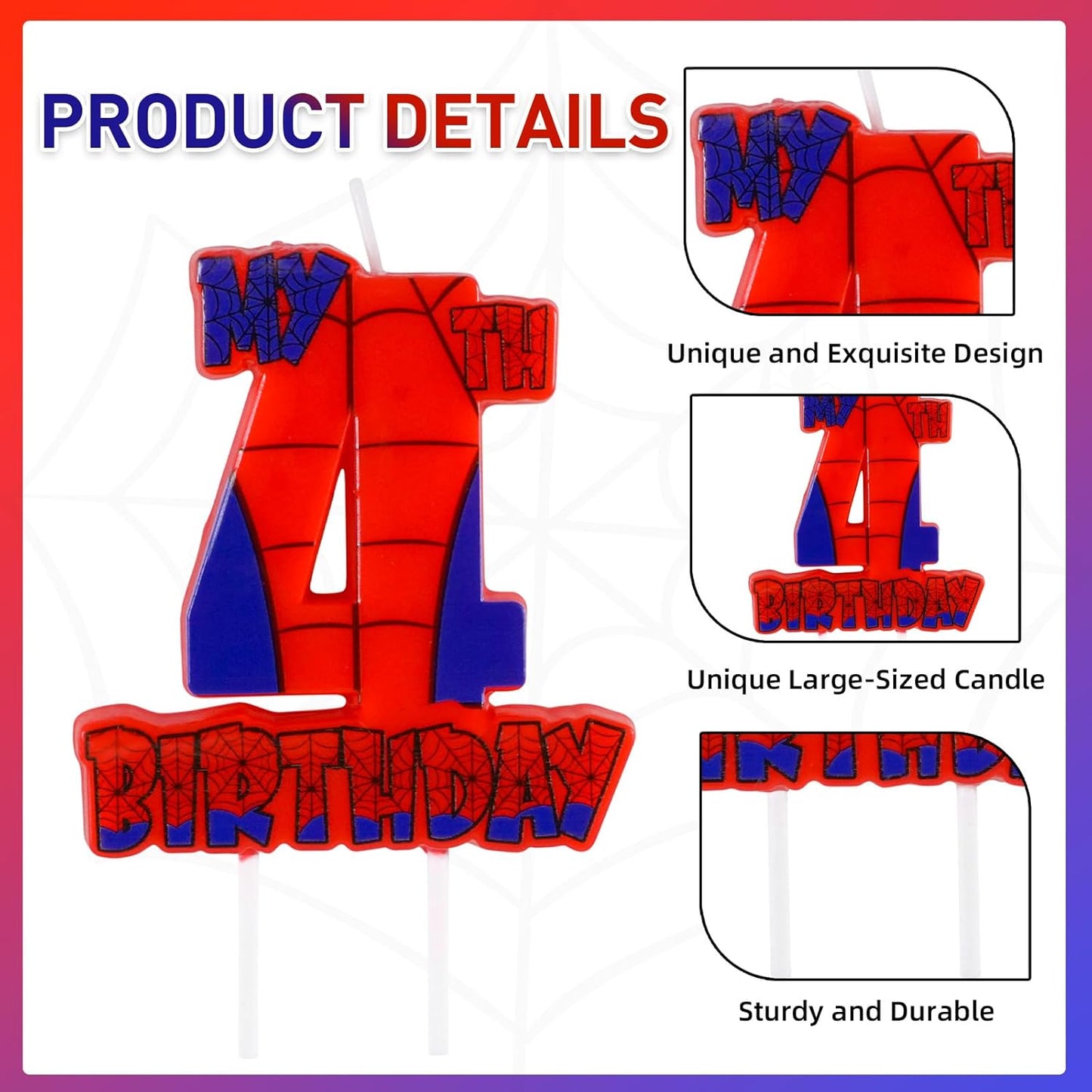 Spider Birthday Party Decorations, Number 4 Red Spider Web Happy Birthday Cake Candle for Boys Girls Spider Web 4th Birthday Party Supplies (Spider Web 4th Candle)