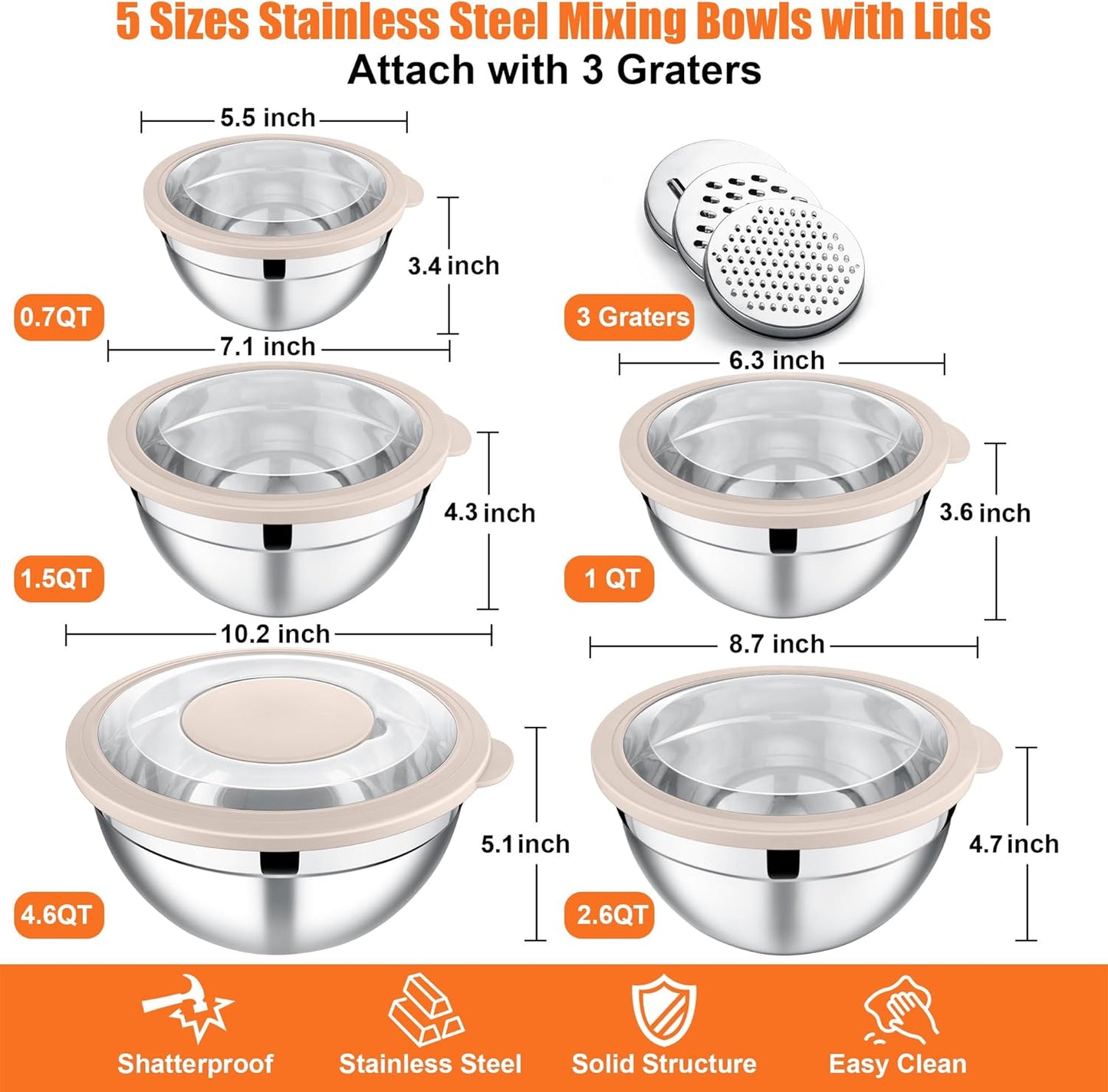 E-far Mixing Bowls Set of 5, Stainless Steel Salad Mixing Bowl with Transparent Lid, Metal Nesting Bowl Attach with 3 Graters for Kitchen Prepping/Serving/Baking/Storage, 4.6/2.6/1.5/1/0.7 QT - Khaki