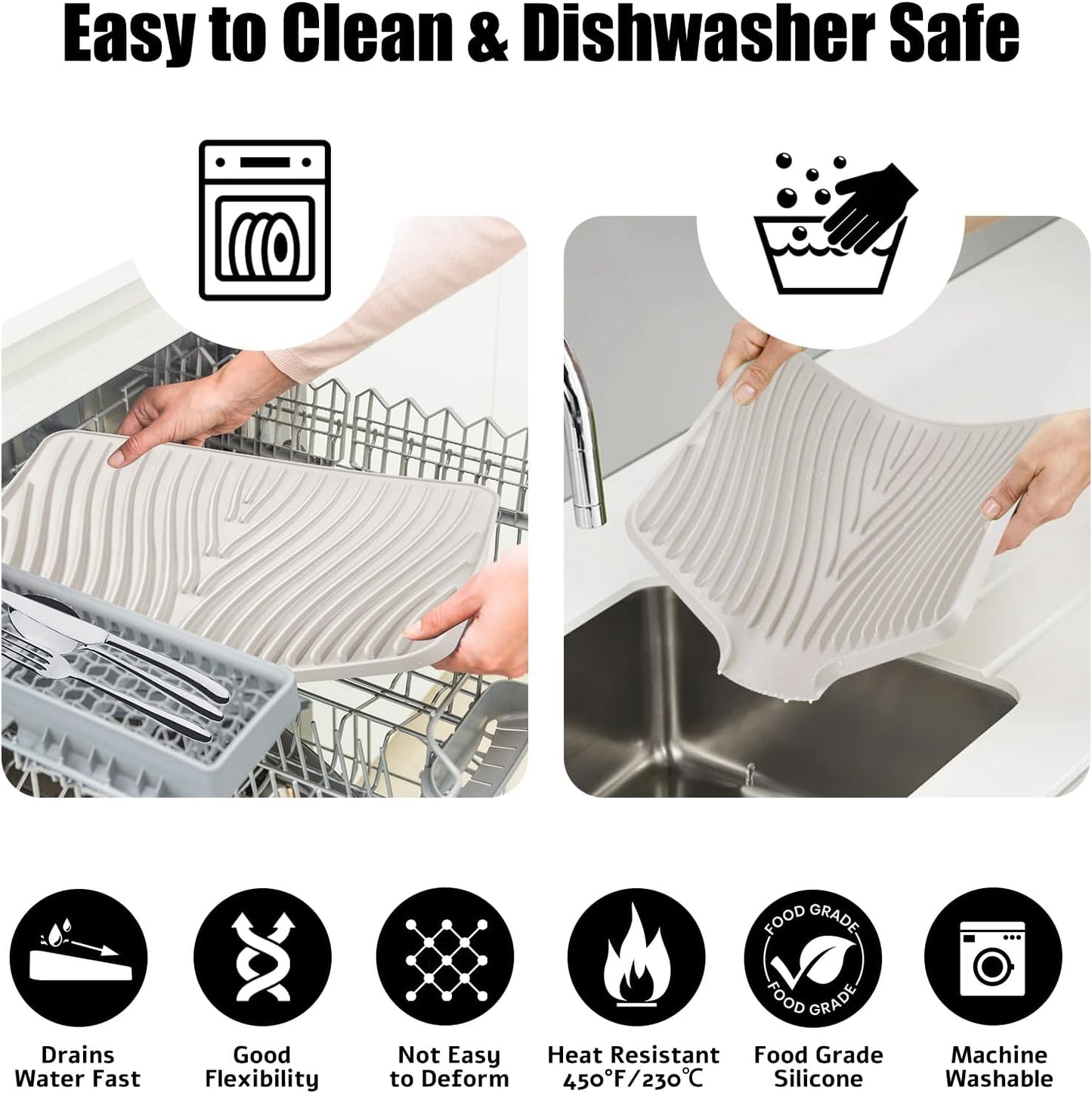 Silicone Dish Drying Mat, Stone Drying Mat for Kitchen Counter with Built-In Drain, Non-Slip Drain Pad with Built-in Drain, Heat Resistant Stone Drying Mat, 1Pcs 19.7" x 17", Cream