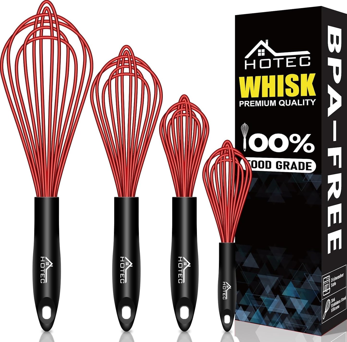 HOTEC 4 Pieces Silicone Whisks Set, Wire Balloon Whisks Egg Beater, Non-slip Handle Whisk for Non-stick Cookware Perfect for Cooking, Stirring, Beating and Blending (Red)