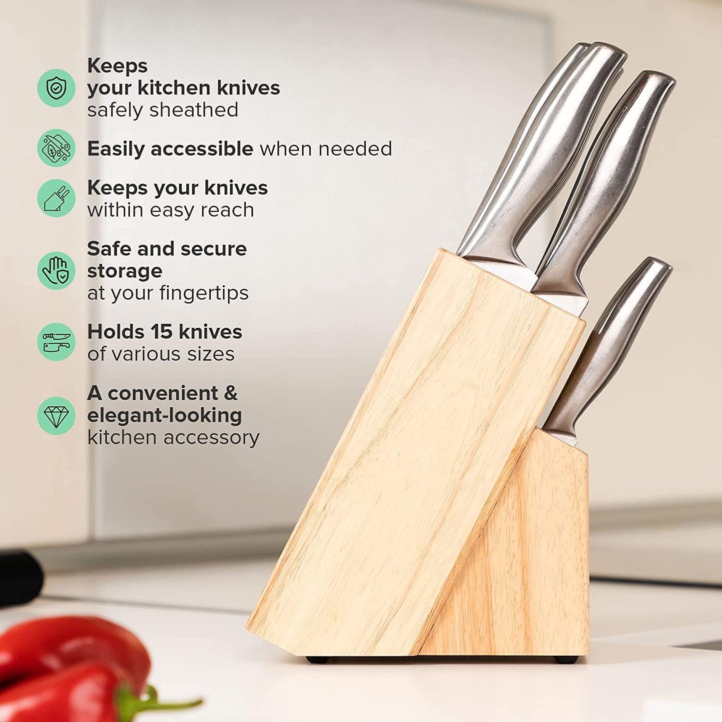 Coninx Rubber Wood Kitchen Knife Block - 15 Slots Knife Holder - Professional Quality Wood Knife Organizer - Secure Knife Stand To Keep Knives Neat & Sharp - Knife Blocks for Kitchen Knife Storage