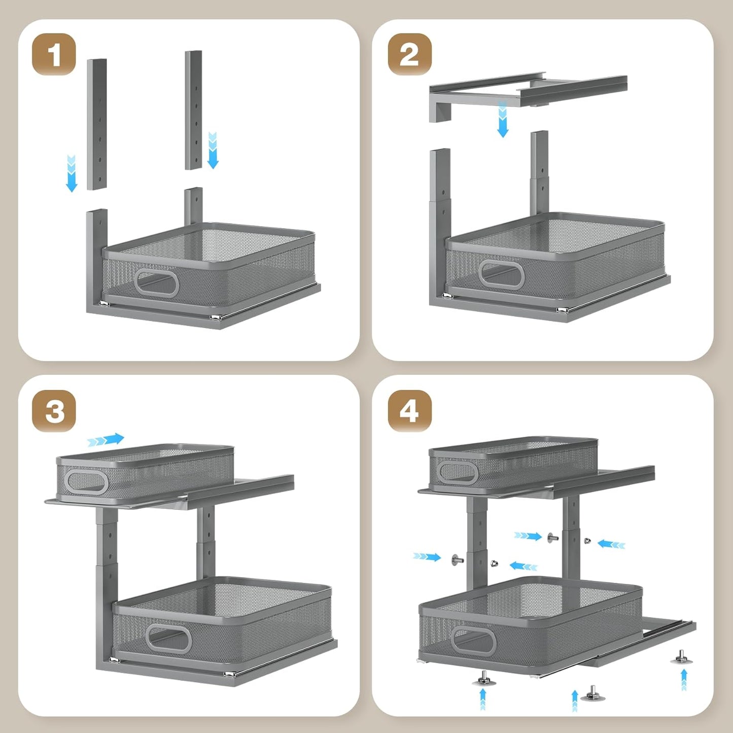 1 Pack 15.5IN-Depth Under Sink Organizer With Next-Gen Ball-Bearing Slides,2-Tier Precision Mesh Pull Out Cabinet Storage for Bathroom&Kitchen,Height Adjustable Drawers Shelf,Anti-rust-Grey